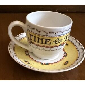 Vintage Mary Engelbreit Time for Tea Tea Cup & Saucer Set Yellow Black EUC